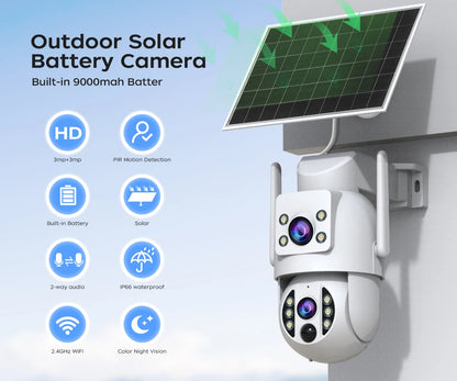 4K Wireless Solar Camera | Dual Lens | PIR Motion + Color Night Vision + Battery Power