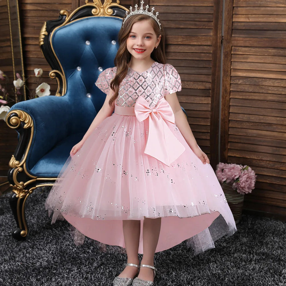 Kids’ Sequin Dress – High-Low Puffy Tutu with Bow Belt