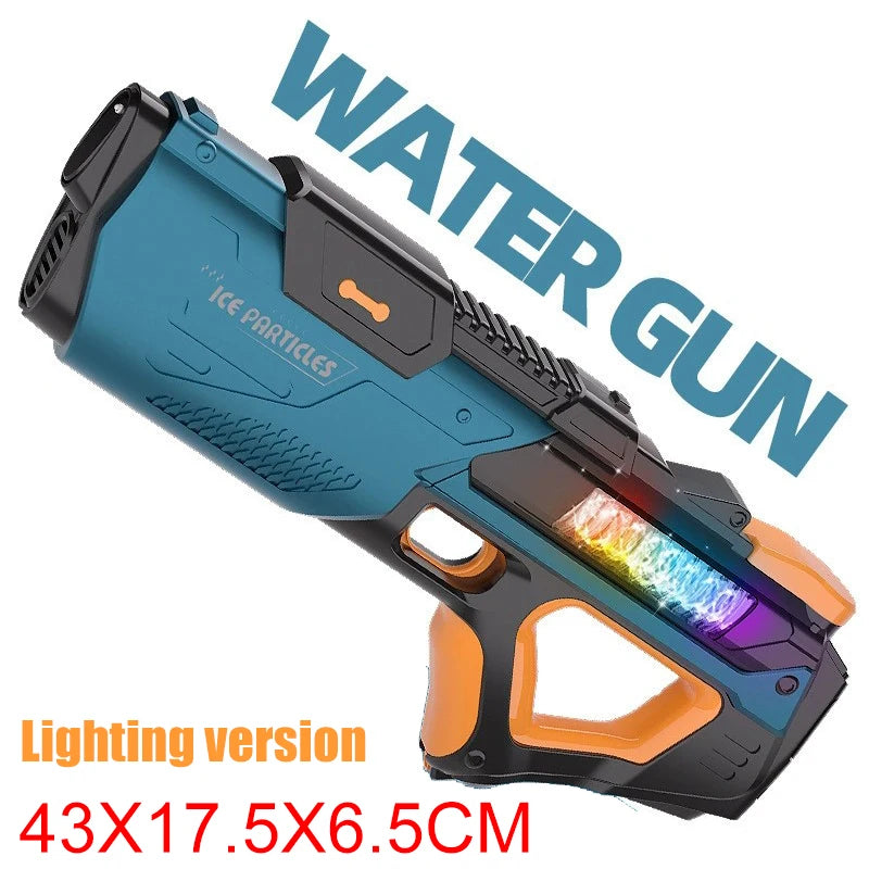 Portable electric water gun toy for kids, blue and orange design, perfect for outdoor beach summer fun and water fight games.