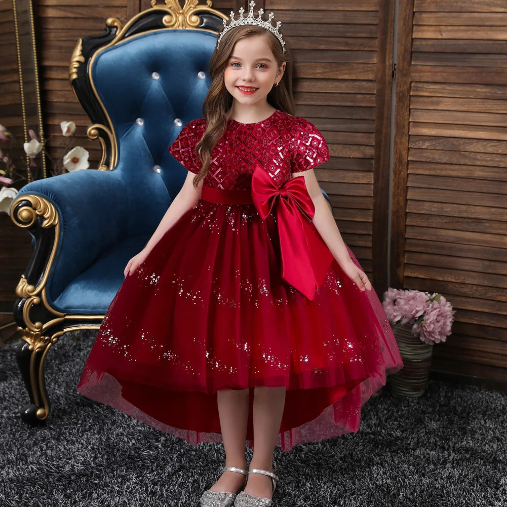 Kids’ Sequin Dress – High-Low Puffy Tutu with Bow Belt