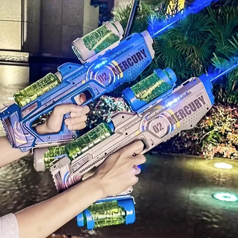 Ultra Shoppings Mercury M2 fully automatic water gun with high capacity, lighting, and sound effects for outdoor water play for kids.