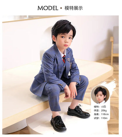 Boys’ 3-Piece Plaid Suit – Blazer, Vest & Pants (1–14Y)