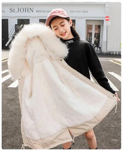 Girls’ Hooded Parka – Fur Collar & Thick Velvet Winter