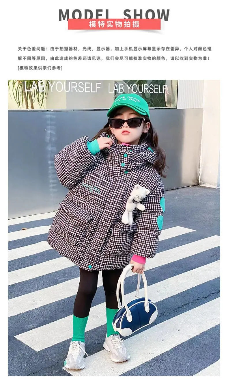 Warm Grid Design Jacket for Girls – Bonus Bear Toy 2025