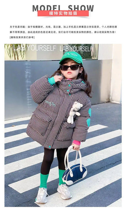 Warm Grid Design Jacket for Girls – Bonus Bear Toy 2025