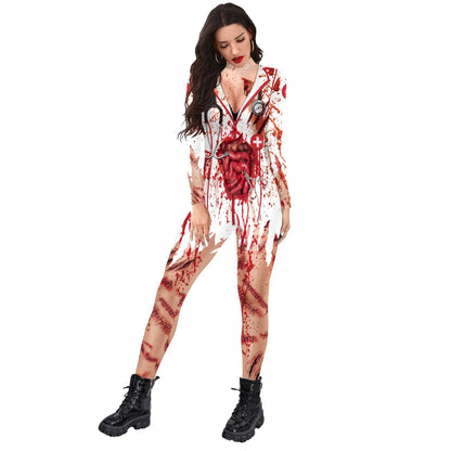 Scary Nurse Cosplay Costume – Blood-Print Slim Bodysuit for Party