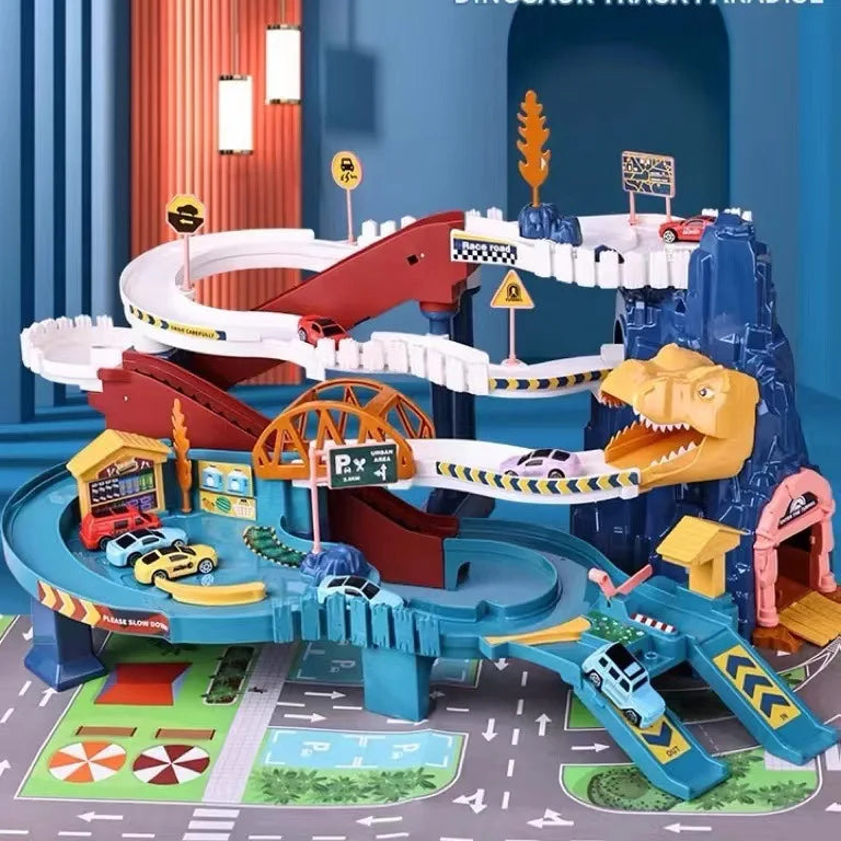 Electric Rail Car Dinosaur Adventure Set – Interactive Racing & Parking Lot for Kids!