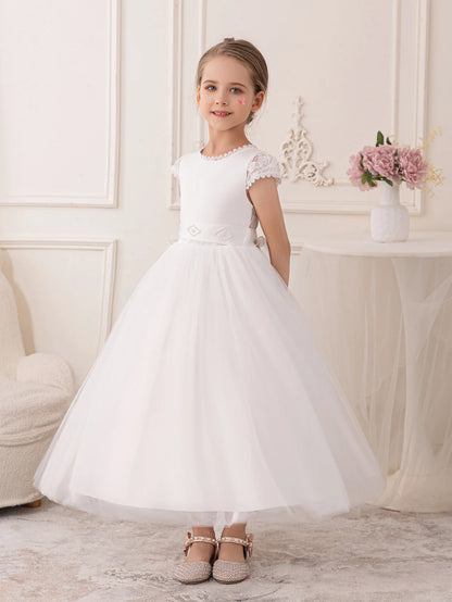 Girls’ Long White Gauze Lace Party Dress