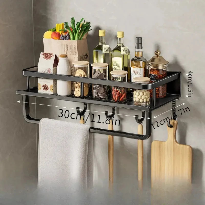 Wall-Mounted Kitchen Shelf & Spice Rack – Storage with Hooks & Towel Bar