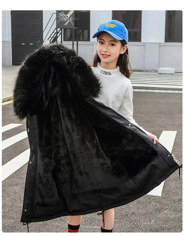 Girls’ Hooded Parka – Fur Collar & Thick Velvet Winter