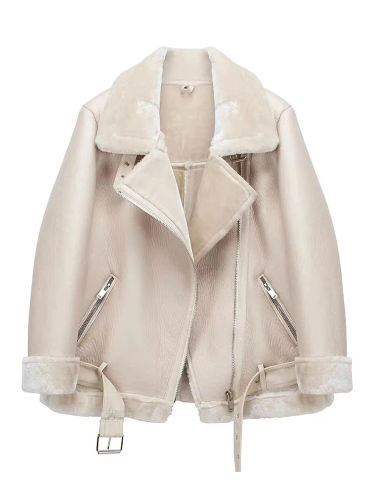 Thick Faux Leather Fur Coat – Winter Aviator Style