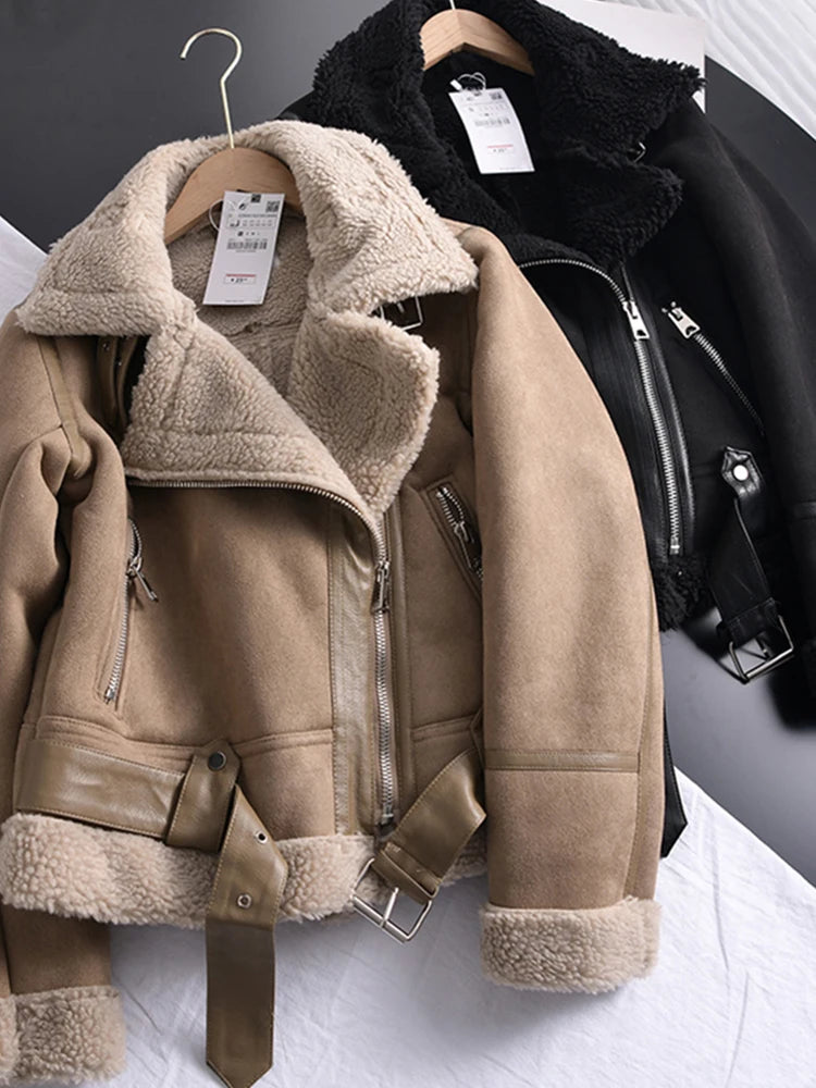 Women's Faux Shearling Suede Biker Jacket – Warm Winter Coat