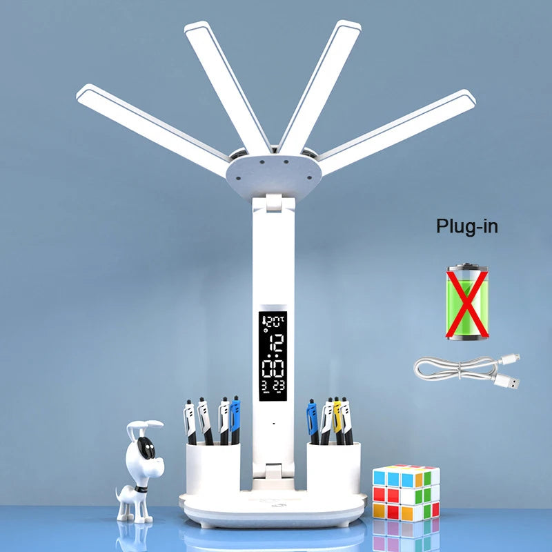 Rechargeable LED Table Lamp: Study Light with Fan & Clock Display