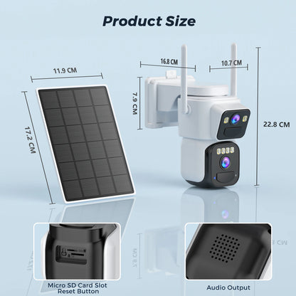 8MP Solar Security Camera | Dual Lens | WiFi | PIR Detection | Color Night Vision