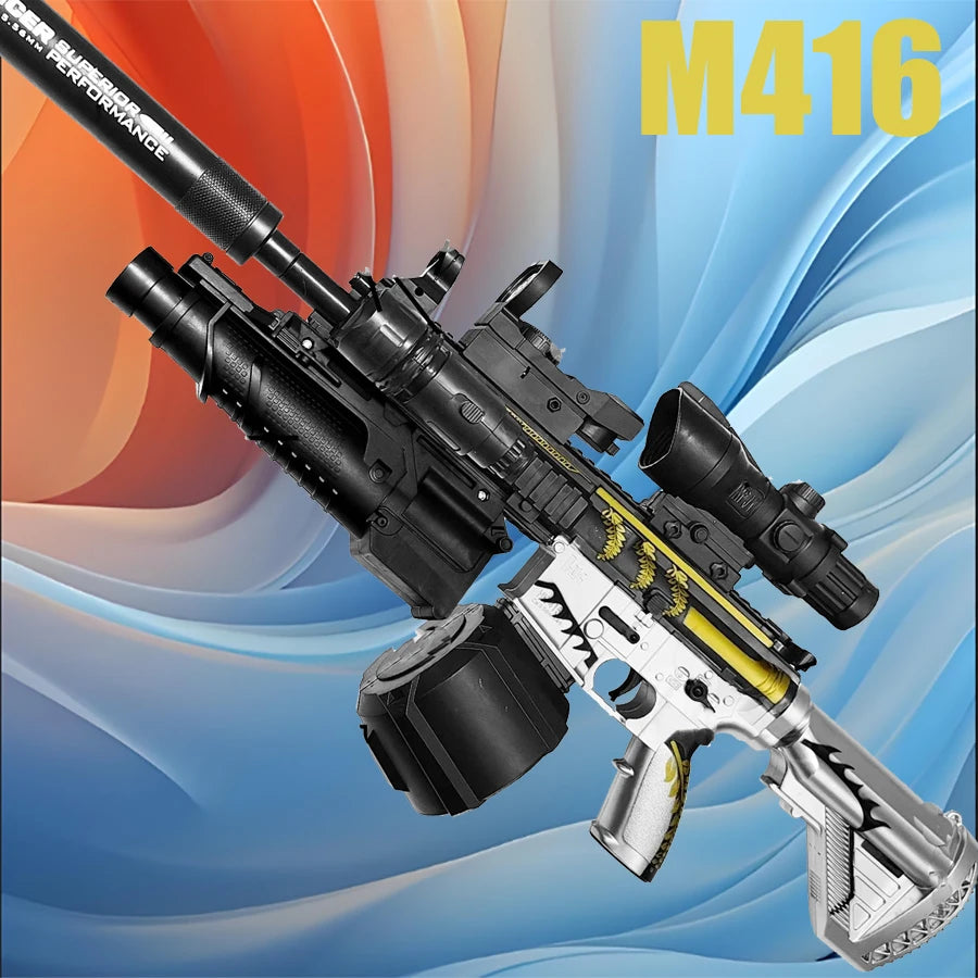 Ultra Shoppings 416 fully equipped automatic toy gun firing 7-8mm hydrogel bullets, with manual infrared reloading for boys.