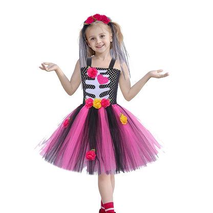 Girls Halloween Performance Outfit – Skull & Floral Tutu