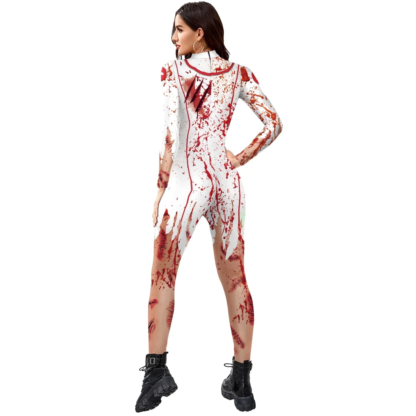Scary Nurse Cosplay Costume – Blood-Print Slim Bodysuit for Party