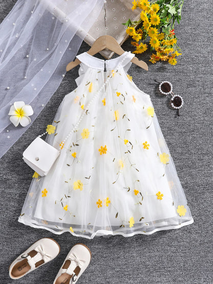 Girls' Summer Halter Dress with 3D Flowers & Bag