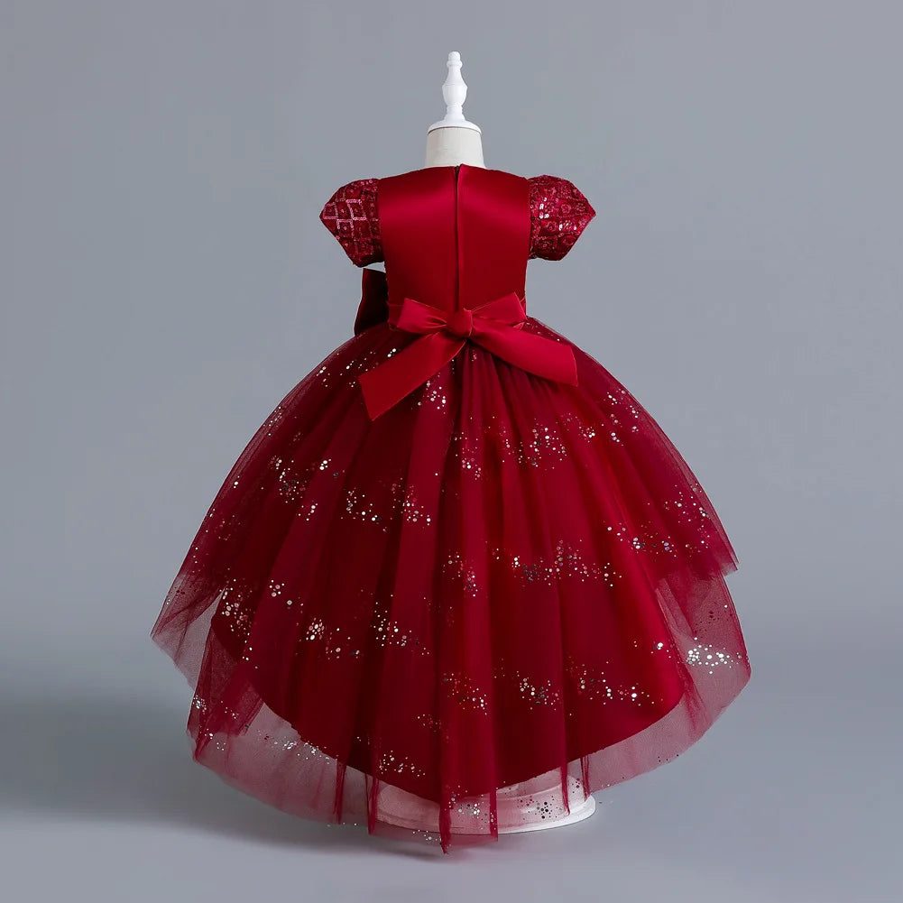 Kids’ Sequin Dress – High-Low Puffy Tutu with Bow Belt