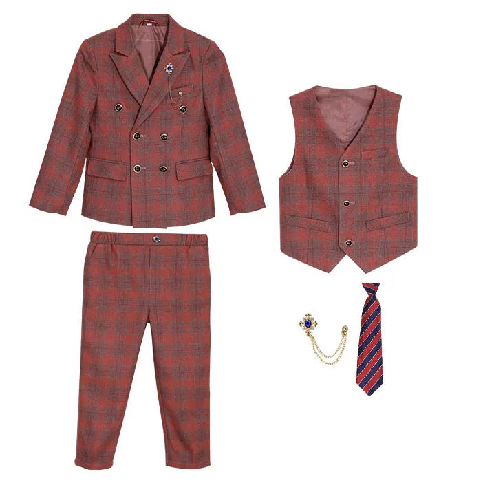 Boys’ 3-Piece Plaid Suit – Blazer, Vest & Pants (1–14Y)