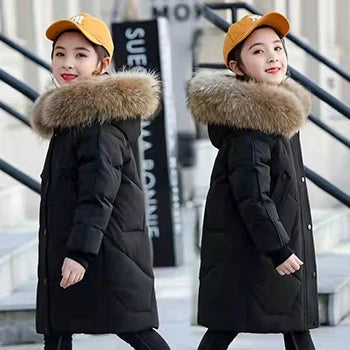 Girls’ Hooded Parka – Fur Collar & Thick Velvet Winter