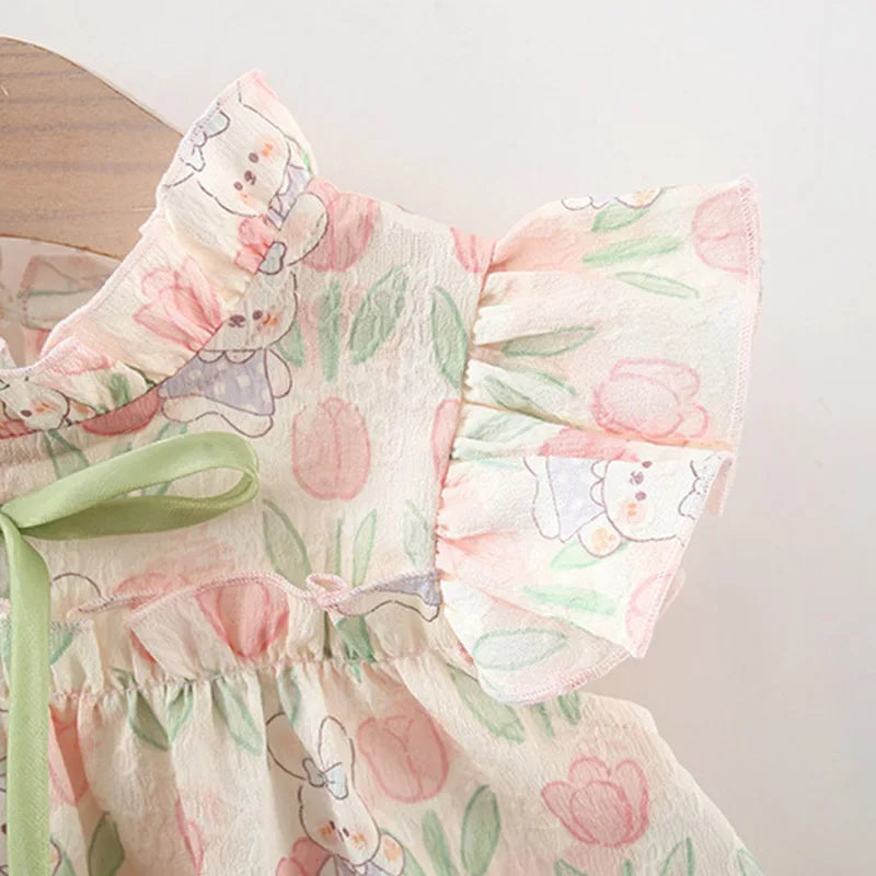 Cute Cartoon Rabbit Tulip Flower Girl Dress