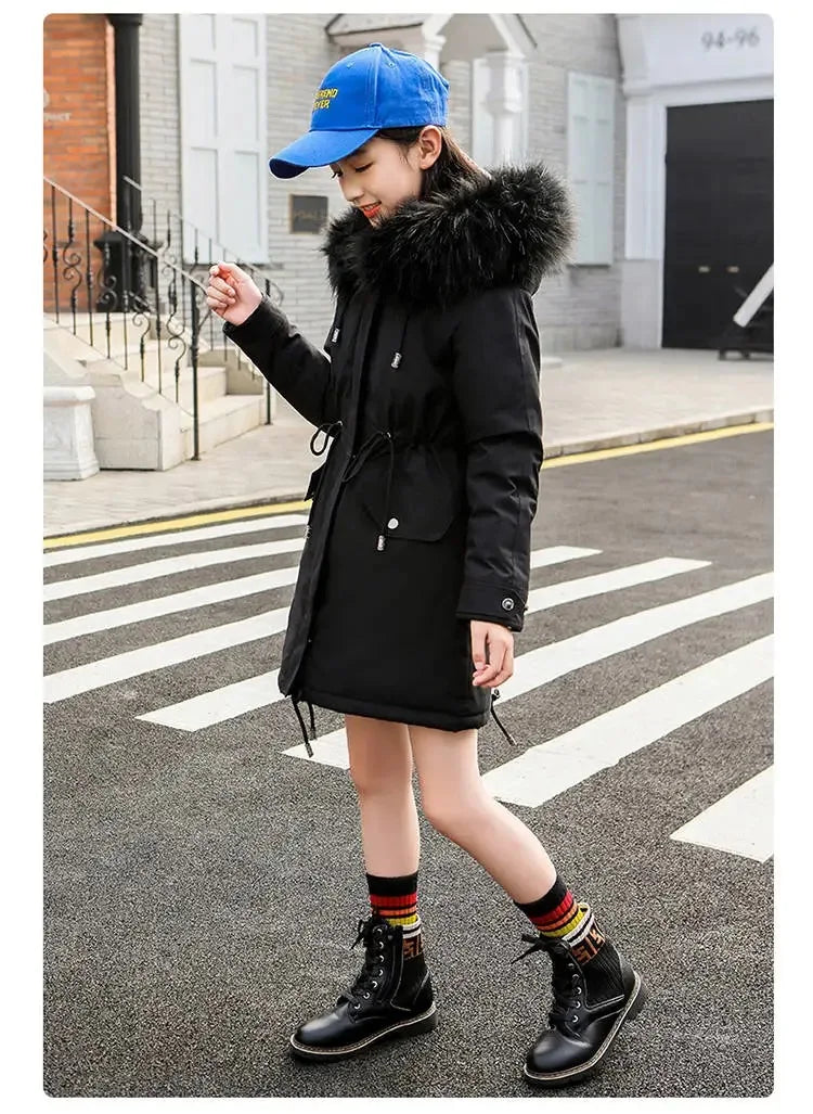 Girls’ Hooded Parka – Fur Collar & Thick Velvet Winter