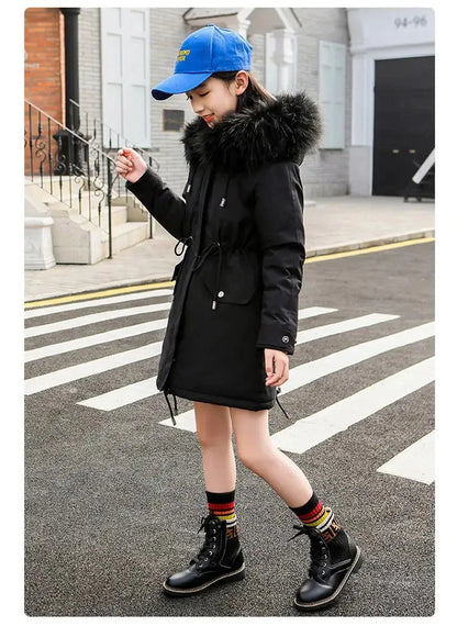 Girls’ Hooded Parka – Fur Collar & Thick Velvet Winter