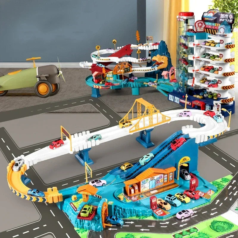 Electric Rail Car Dinosaur Adventure Set – Interactive Racing & Parking Lot for Kids!