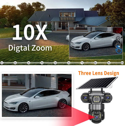 4G Solar Security Camera – 3 Lens, 10X Zoom, Night Vision