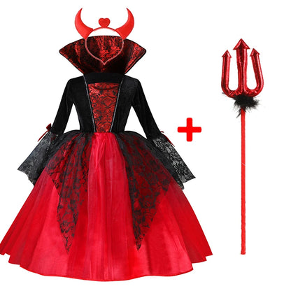 Girls Red & Black Vampire Costume – Halloween Gothic Party Dress