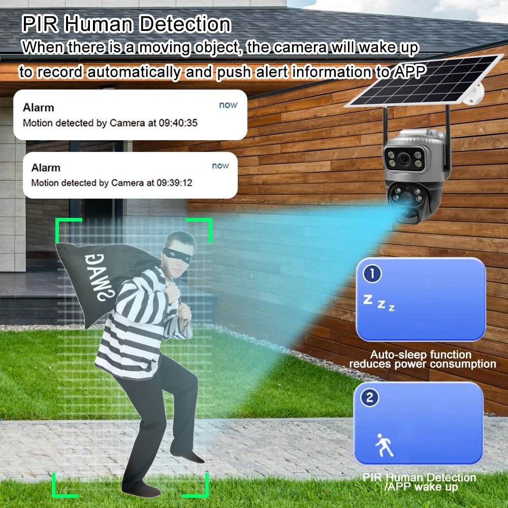 8MP 4K Solar Security Camera | 4G/WiFi | Dual Lens | PIR Motion | Night Vision