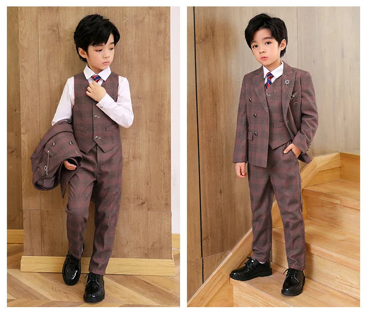 Boys’ 3-Piece Plaid Suit – Blazer, Vest & Pants (1–14Y)