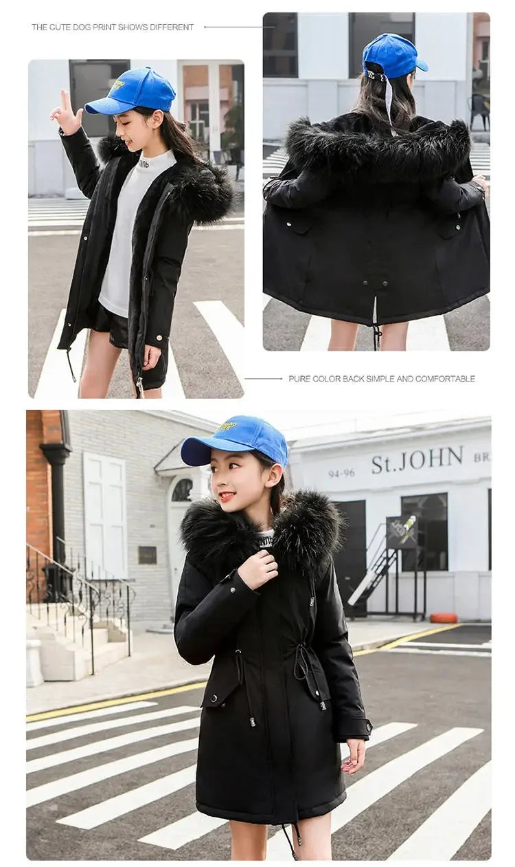 Girls’ Hooded Parka – Fur Collar & Thick Velvet Winter