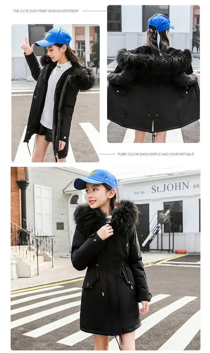 Girls’ Hooded Parka – Fur Collar & Thick Velvet Winter