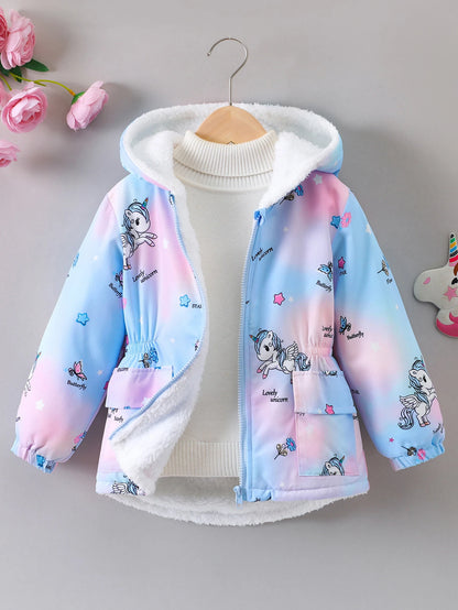 Girls’ Plush Hooded Coat – Cartoon Print & Zipper