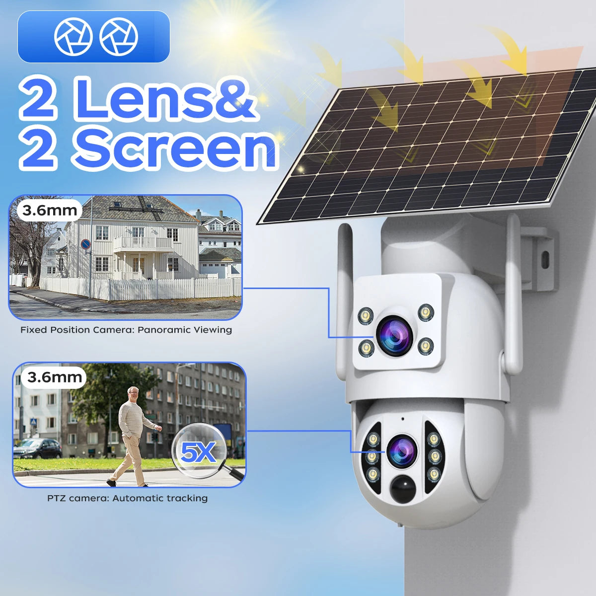 4K Wireless Solar Camera | Dual Lens | PIR Motion + Color Night Vision + Battery Power