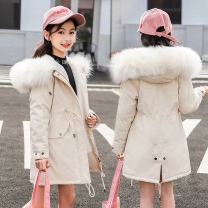 Girls’ Hooded Parka – Fur Collar & Thick Velvet Winter