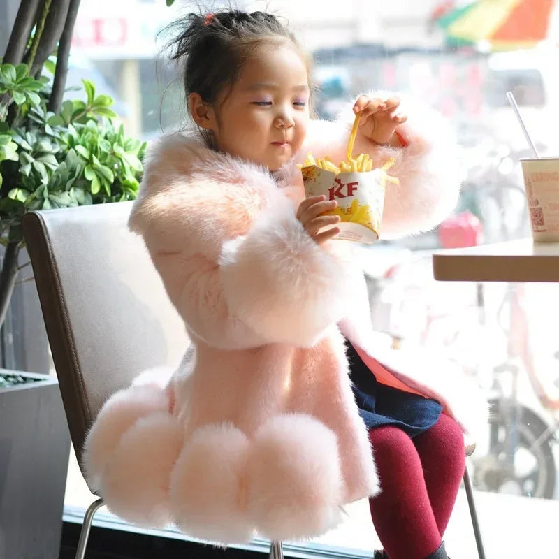 Korean Style Girls’ Winter Coat – Fox Fur Look