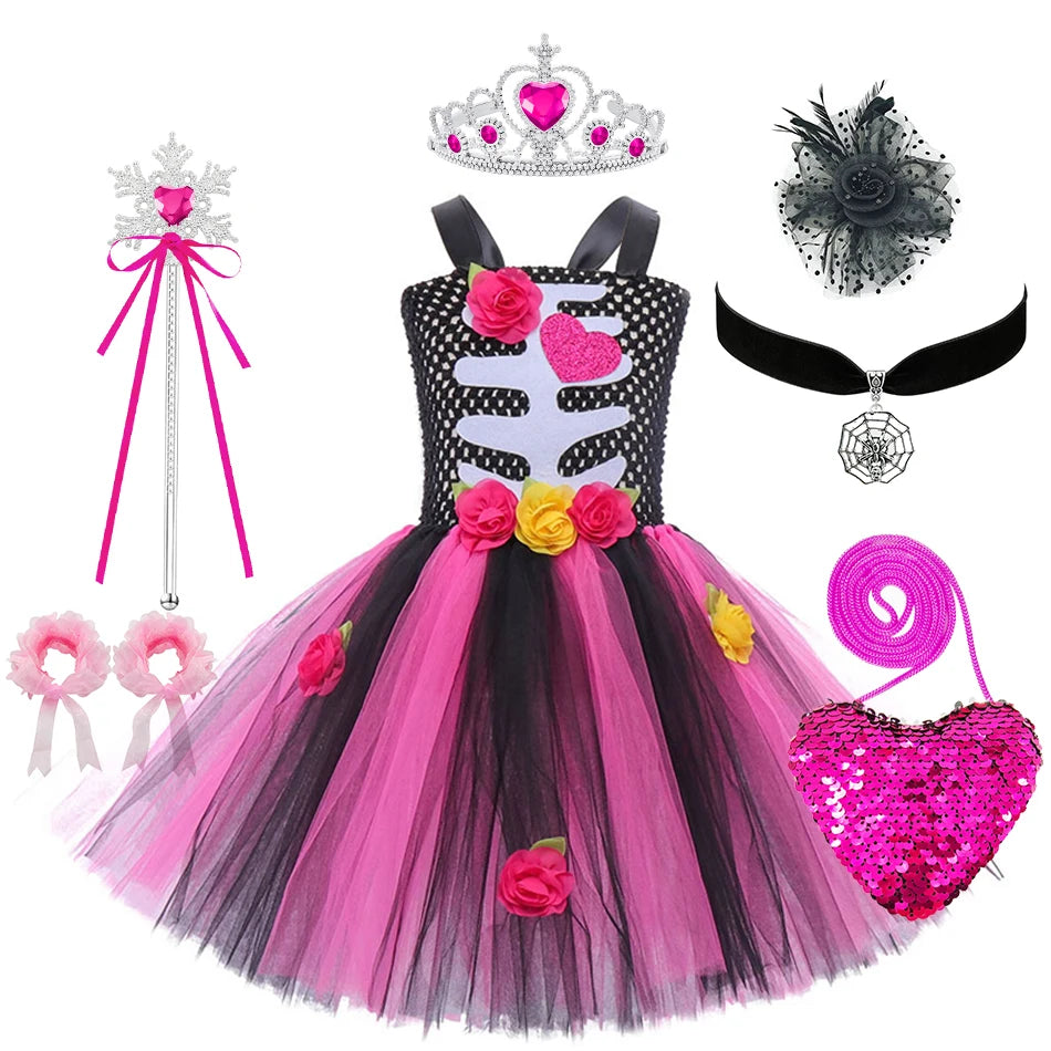 Girls Halloween Performance Outfit – Skull & Floral Tutu