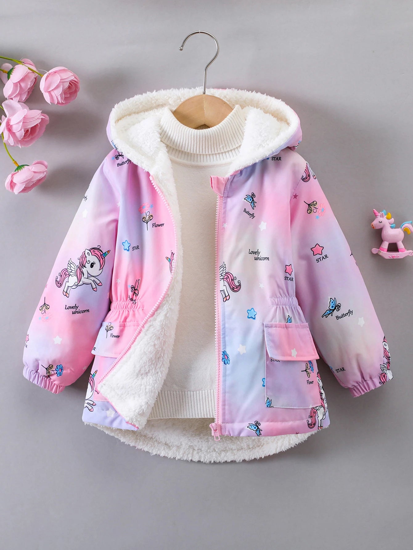 Girls’ Plush Hooded Coat – Cartoon Print & Zipper