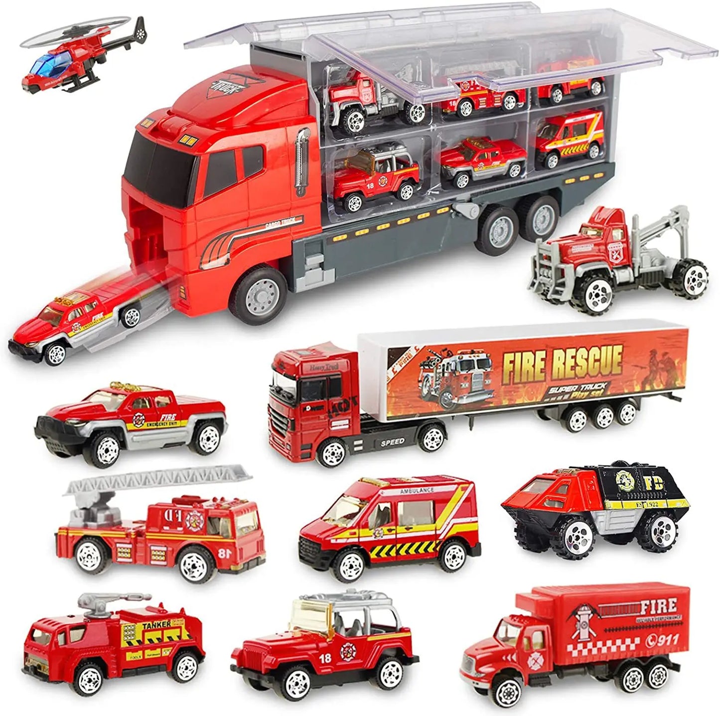 Big Trucks Mini Diecast Set – Carrier, Helicopter, Tank & More for Kids!