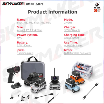 FPV Mini Car Toy – 1:64 RC Camera Car with LED Ambient Lights