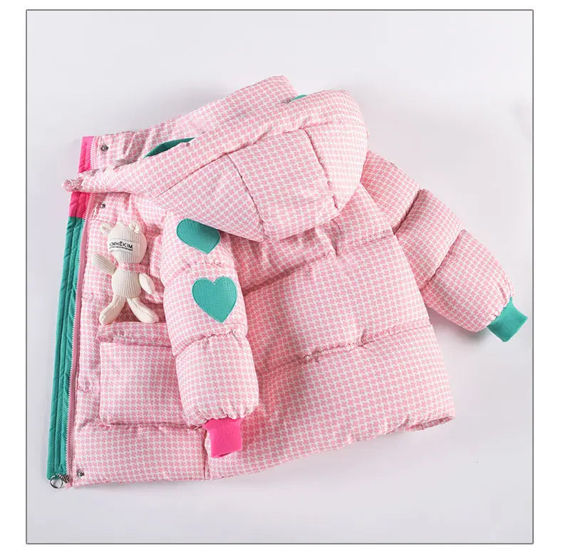Warm Grid Design Jacket for Girls – Bonus Bear Toy 2025
