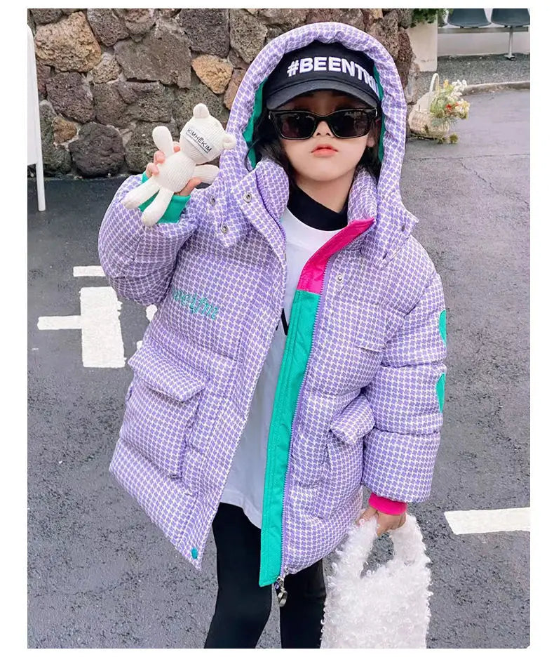Warm Grid Design Jacket for Girls – Bonus Bear Toy 2025