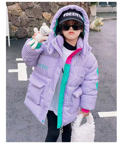 Warm Grid Design Jacket for Girls – Bonus Bear Toy 2025