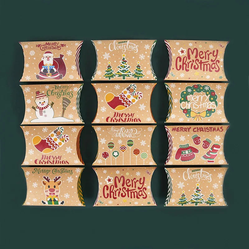 10pcs Christmas Pillow-Shaped Gift Boxes – Kraft Paper Candy & Cookie Packaging