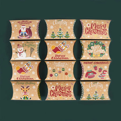 10pcs Christmas Pillow-Shaped Gift Boxes – Kraft Paper Candy & Cookie Packaging