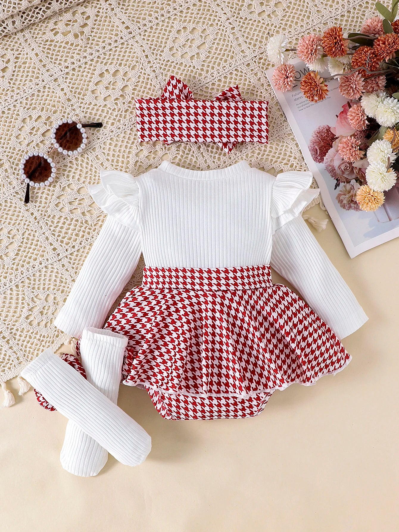 2PCS Autumn Set for Baby Girls – Black Top, Houndstooth Skirt & Hair Band