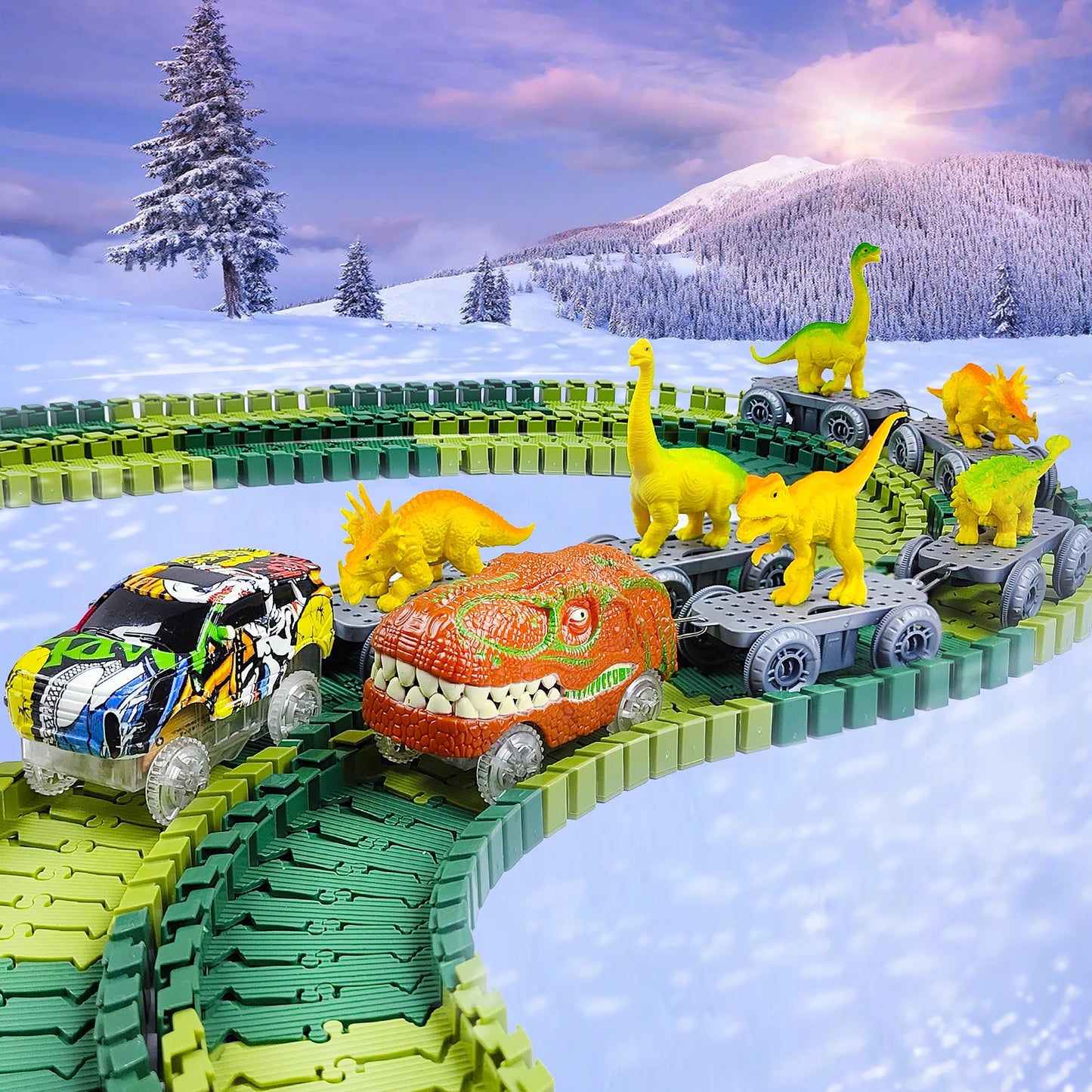 Magical Dinosaur Train Track Set – Flexible Racing Tracks with Flash Light Car!